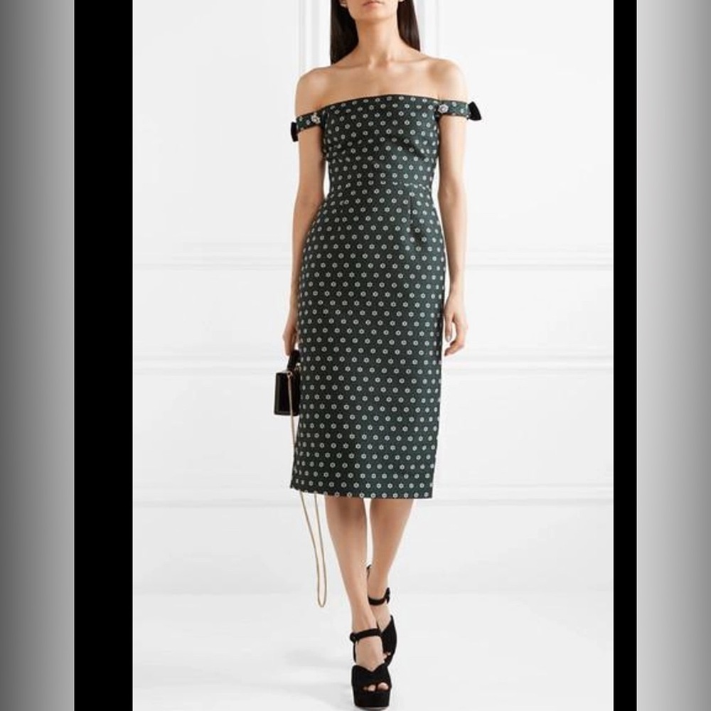 ALEXACHUNG - OFF THE SHOULDER FLORAL JACQUARD DRESS - BLACK MULTI IN EMERALD